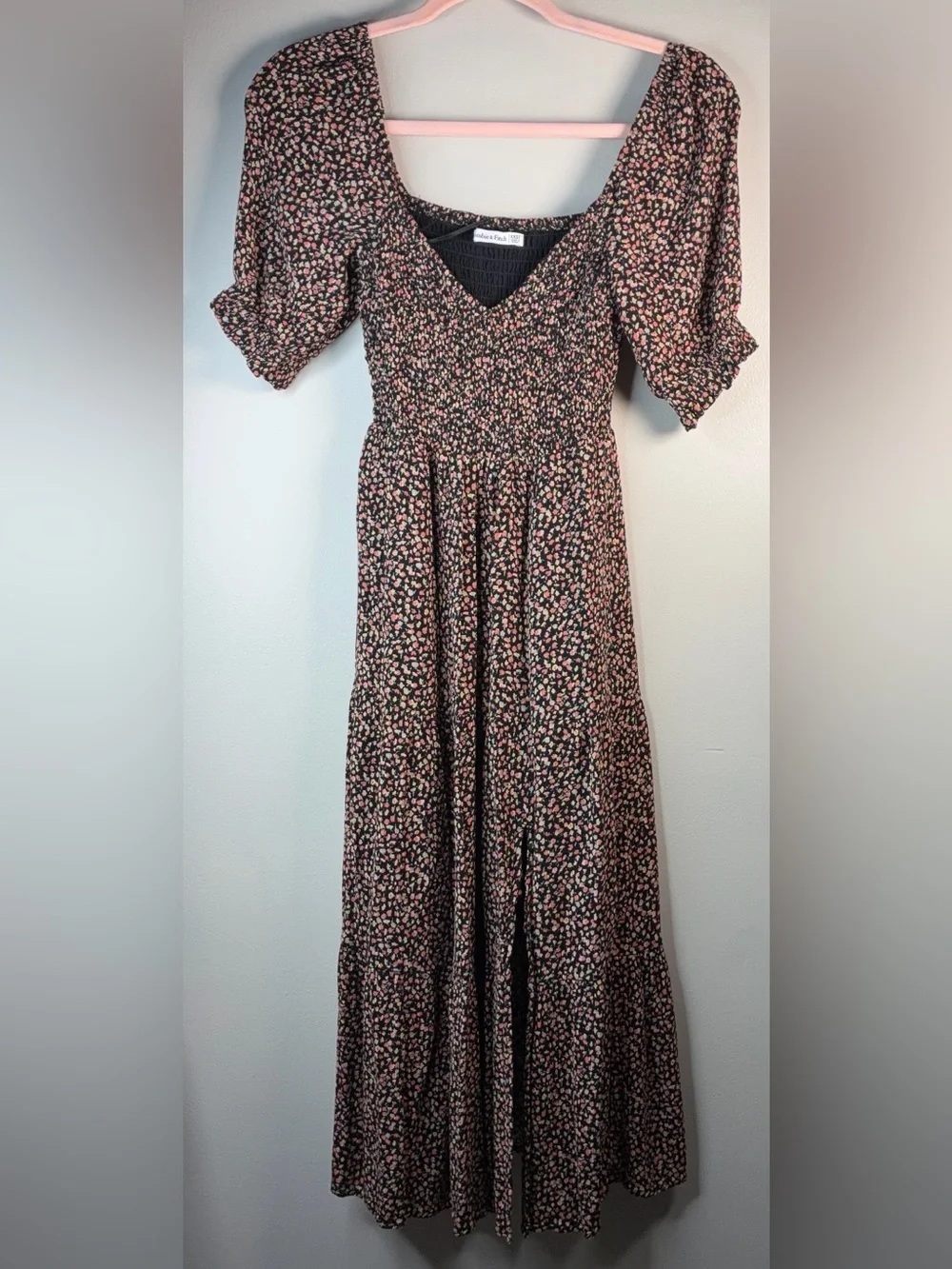 Abercrombie & Fitch Black Floral Midi Dress with Pink & Cream Accents